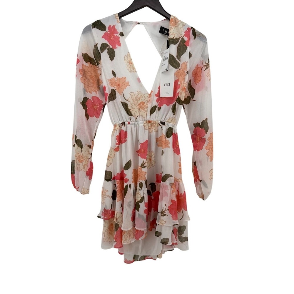 VICI Cream Multi Floral Chiffon Long Sleeve Tiered Mini Dress NVD0656B Small NEW